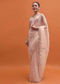 Peach Embroidered Saree With Unstitched Blouse