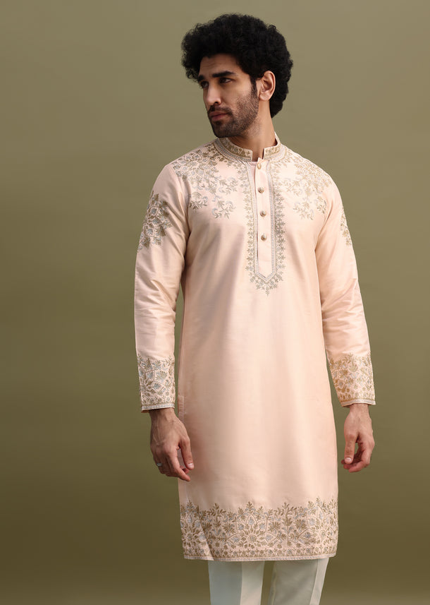 Peach Kurta Set With Gold And Silver Zari Work