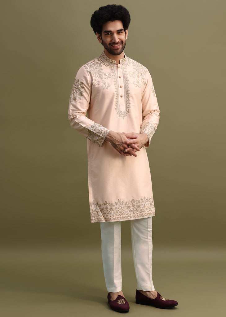 Peach Kurta Set With Gold And Silver Zari Work