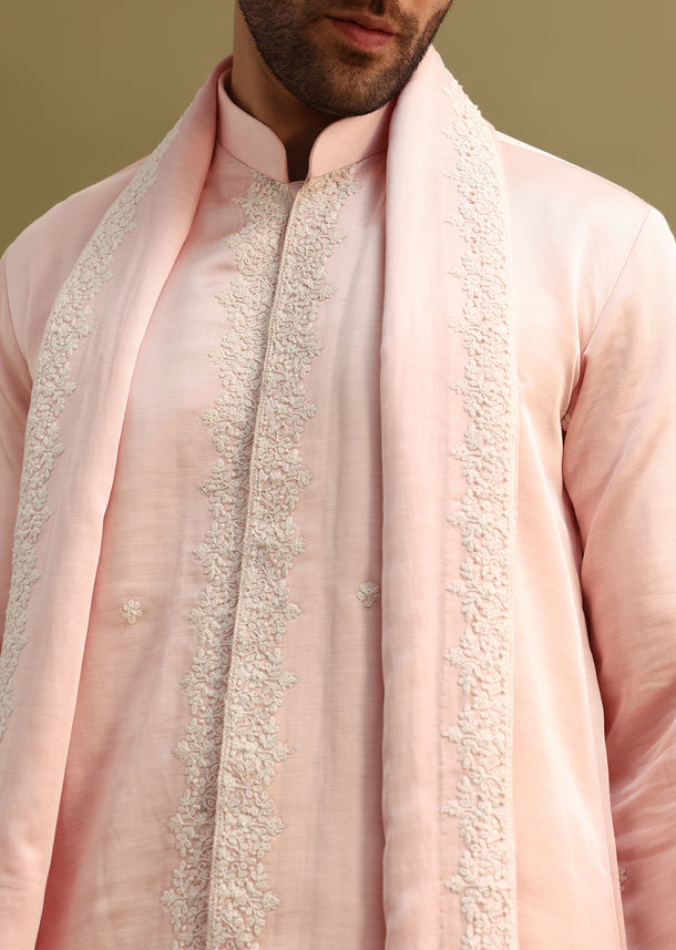 Peach Thread Work Kurta With Dupatta Set
