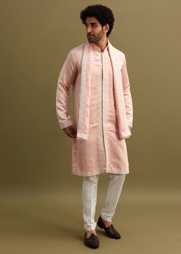 Peach Thread Work Kurta With Dupatta Set