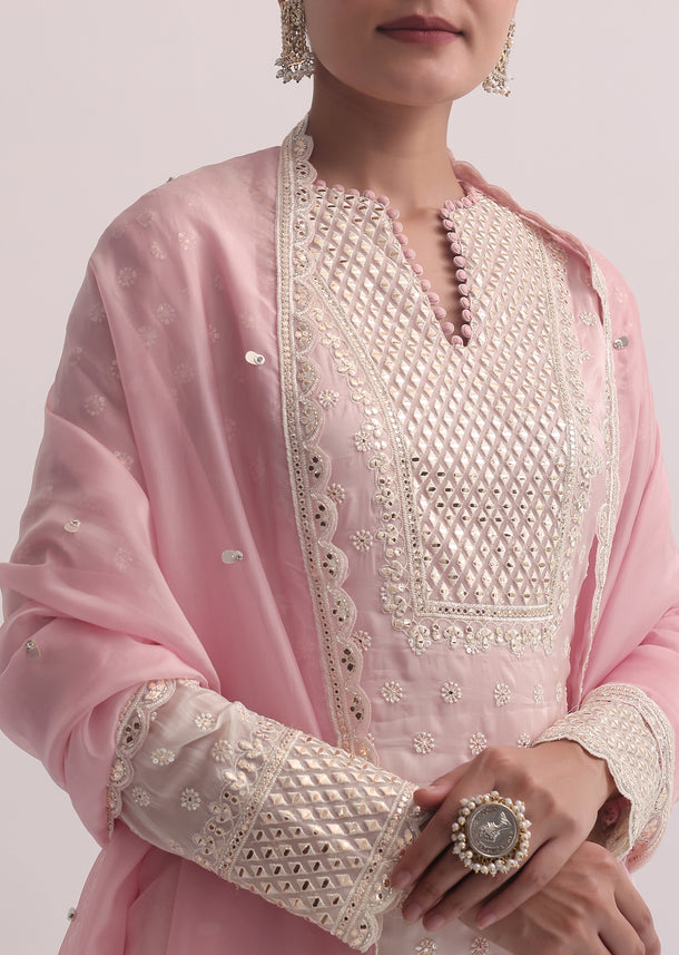 Pink Two Tone Kurti Pant Set With Foil Mirror Work