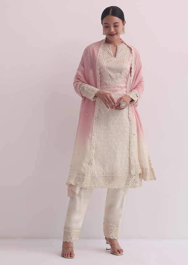 Pink Two Tone Kurti Pant Set With Foil Mirror Work