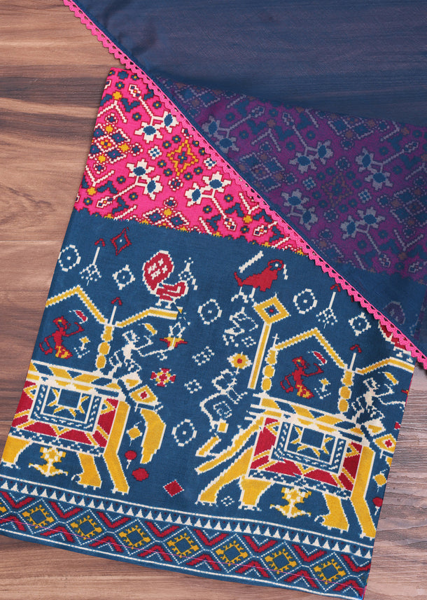 Pink And Navy Blue Patola Printed Tussar Dress Material