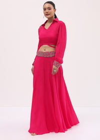 Pink Chiffon Crop Top And Skirt