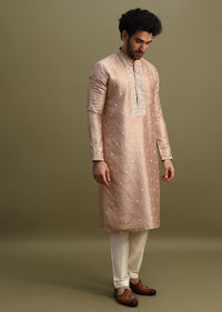 Pink Kurta With Work On Yolk For Men