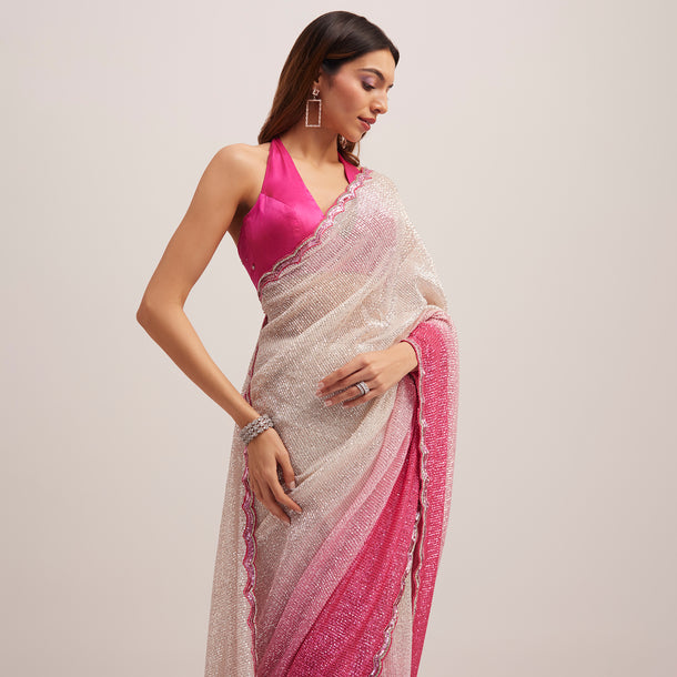 Pink Ombre Sequins Saree With Scallop Border