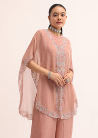 Pink Organza Palazzo Set With Embroidered Cape