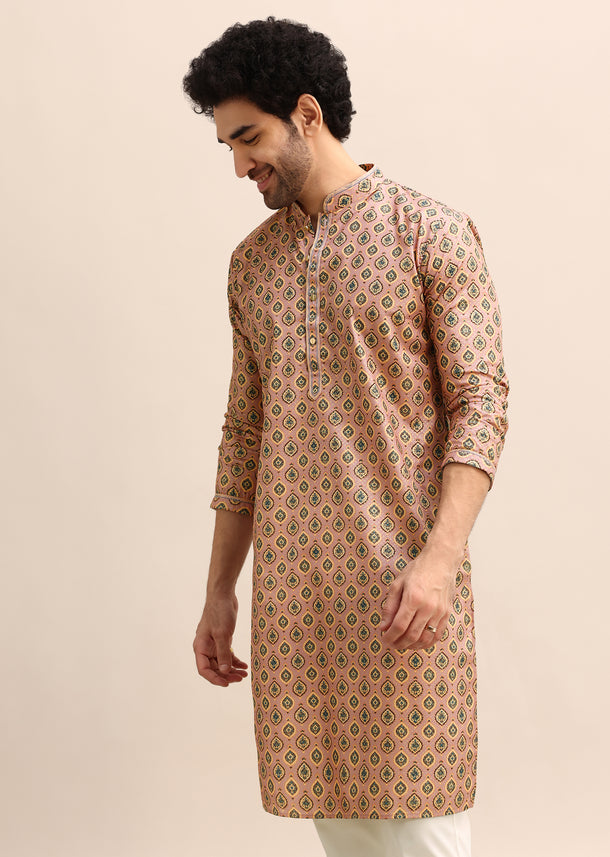 Pink Printed Kurta Pant Set For Men