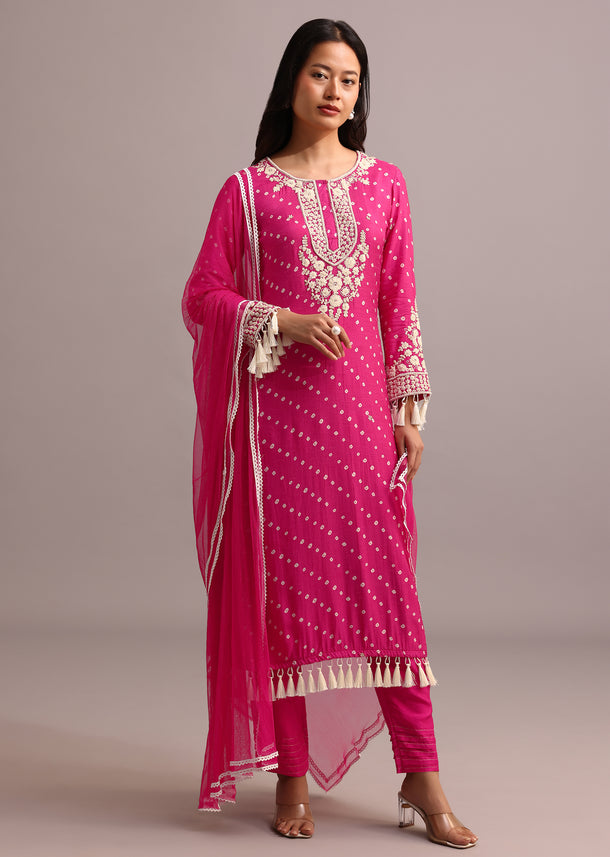 Pink Printed Kurta Pant Set With Net Dupatta