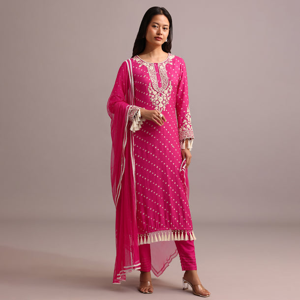 Pink Printed Kurta Pant Set With Net Dupatta