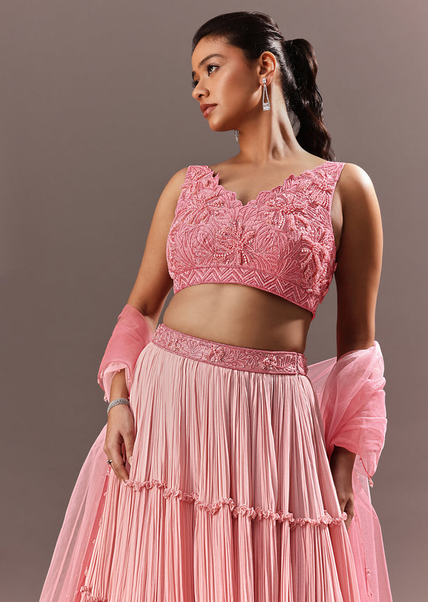 Pink Onbre Georgette Tiered Lehenga And Dupatta With V Neck Embroidered Raw Silk Blouse