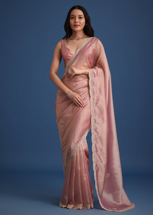 Pink Tissue Silk Embroidered Saree With Embellished Scallop Border