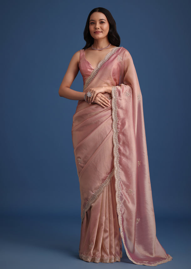Pink Tissue Silk Embroidered Saree With Embellished Scallop Border