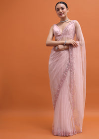 Powder Pink Embroidered Net Saree With Unstitched Blouse