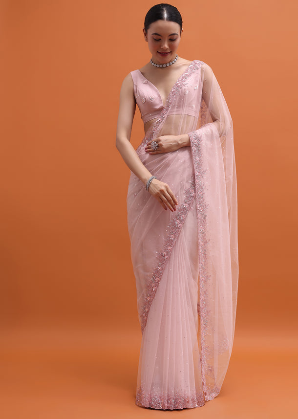 Powder Pink Embroidered Net Saree With Unstitched Blouse