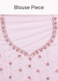 Powder Pink Embroidered Net Saree With Unstitched Blouse