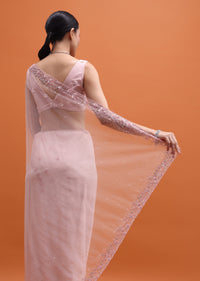 Powder Pink Embroidered Net Saree With Unstitched Blouse