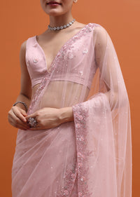 Powder Pink Embroidered Net Saree With Unstitched Blouse