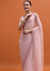 Powder Pink Embroidered Net Saree With Unstitched Blouse