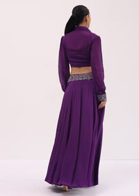 Purple Chiffon Crop Top And Skirt