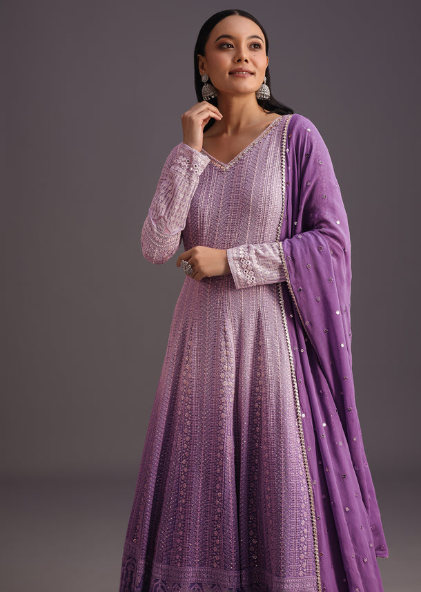 Purple Lucknowi Anarkali With Sequin Work Dupatta