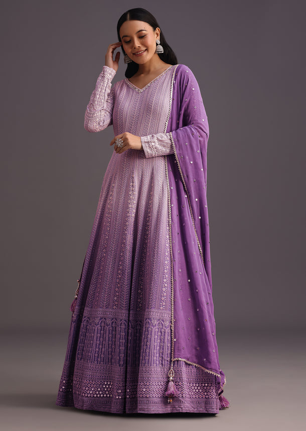 Purple Lucknowi Anarkali With Sequin Work Dupatta