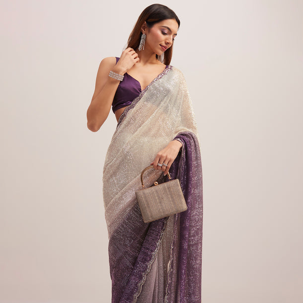 Purple Ombre Sequins Saree With Scallop Border