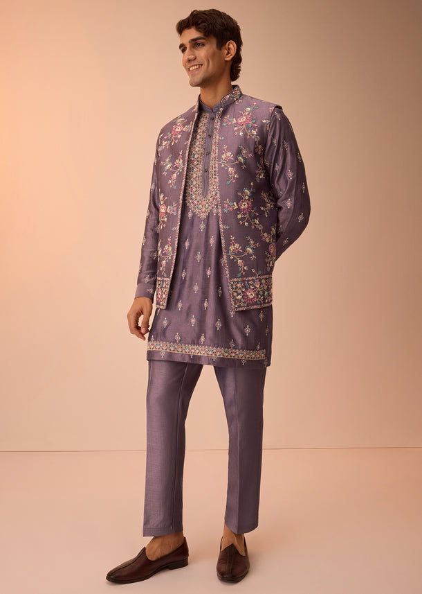 Purple Resham Work Kurta Jacket Set In Silk