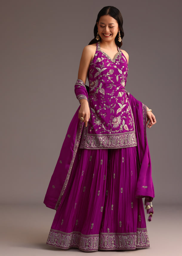 Purple Resham Work Sharara Set With Dupatta