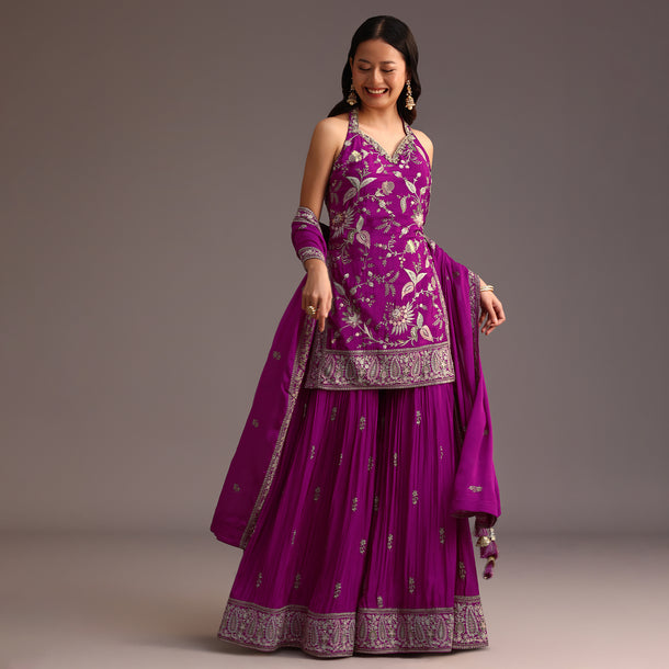 Purple Resham Work Sharara Set With Dupatta