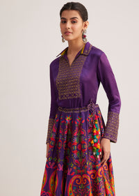 Purple Silk Shirt And Skirt Set With Zari Embroidery