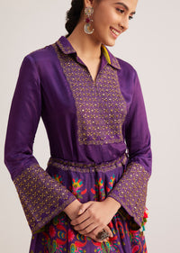 Purple Silk Shirt And Skirt Set With Zari Embroidery