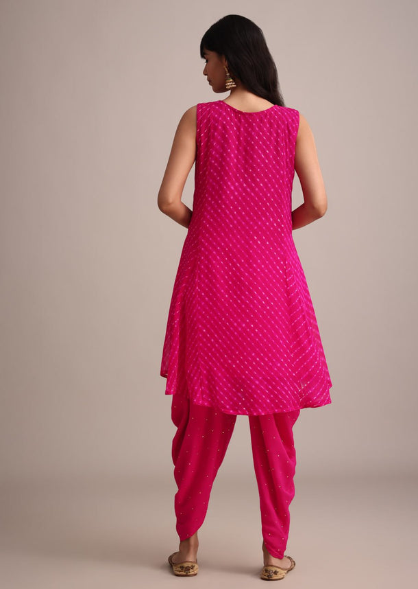 Rani Pink Leheriya Printed Kurta Dhoti Set