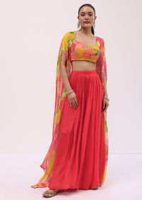 Red Embroidered Chinon Crop Top Palazzo Set