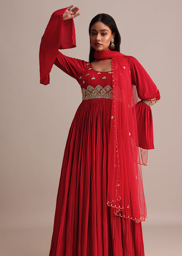 Red Ruched Anarkali Suit With Dupatta