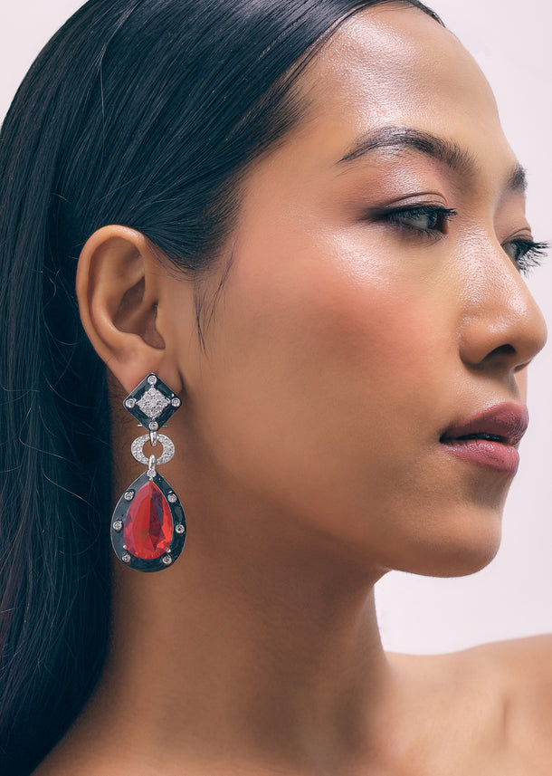 Ruby Dangler Earrings With Enamel Work In Mix Metal