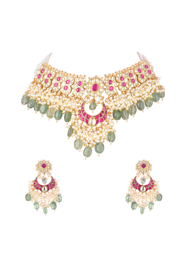 Ruby Stone Gold Finish Choker Set With Kundan Work In Mix Metal