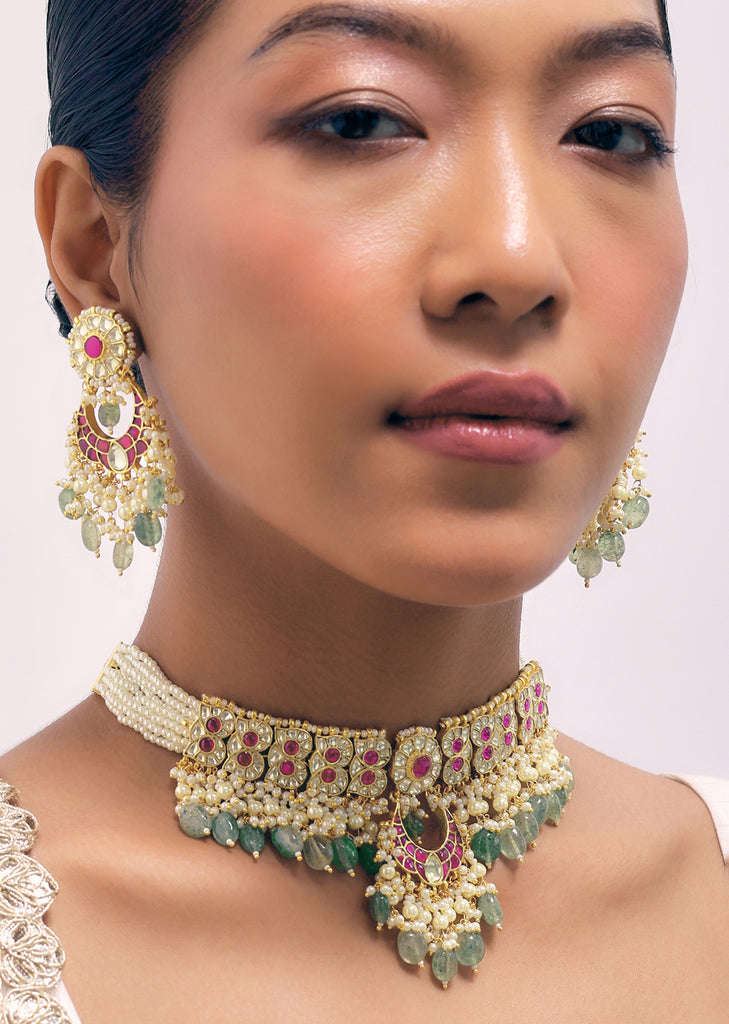 Ruby Stone Gold Finish Choker Set With Kundan Work In Mix Metal
