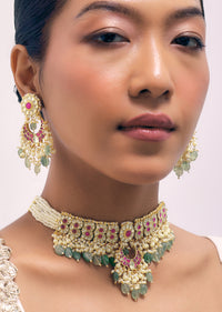 Ruby Stone Gold Finish Choker Set With Kundan Work In Mix Metal