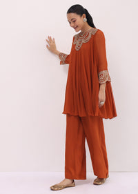 Rust Orange Embroidered Chiffon Kurta Palazzo