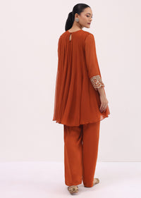 Rust Orange Embroidered Chiffon Kurta Palazzo