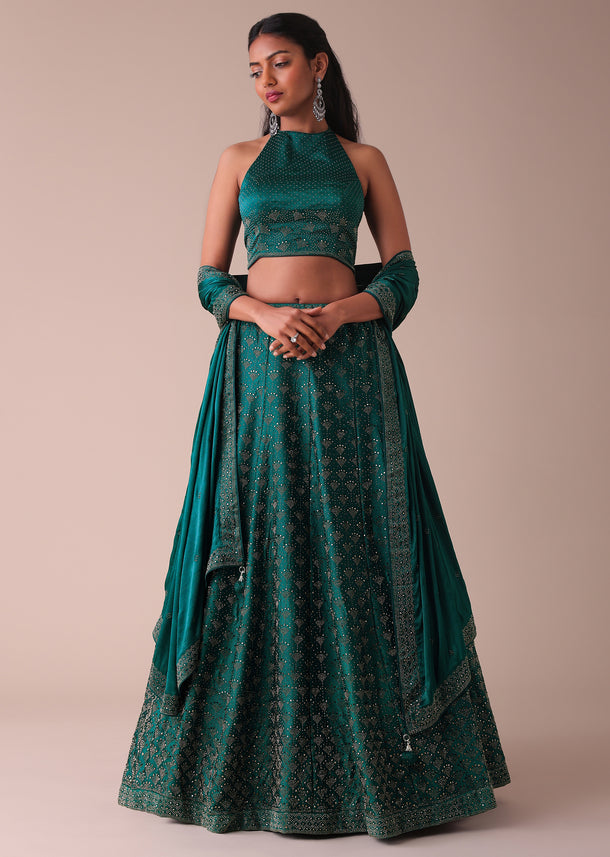 Deep Green Swarovski Embellished Lehenga In Wrinkle Satin