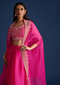 Pink Cutdana Embroidered Crop Top With Jacket And Skirt