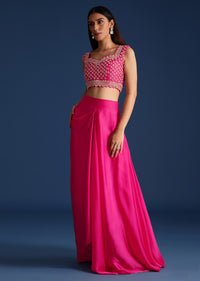 Pink Cutdana Embroidered Crop Top With Jacket And Skirt