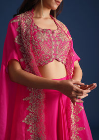 Pink Zardozi Embroidered Jacket With Skirt And Crop Top