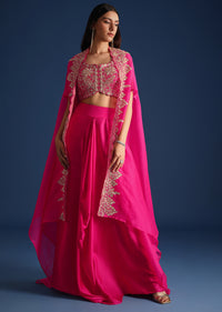 Pink Zardozi Embroidered Jacket With Skirt And Crop Top