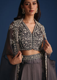 Dark Grey Asymmetric Organza Jacket With Crop Top And Draped Skirt