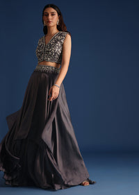 Dark Grey Asymmetric Organza Jacket With Crop Top And Draped Skirt