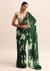 Bottle Green Floral Printed Georgette Saree With Sequin Border And Unstitched Blouse